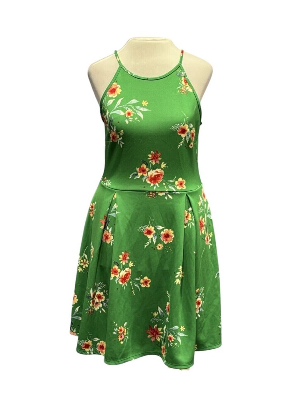 Green Floral Soprano Sleeveless Halter Dress Womens Size L